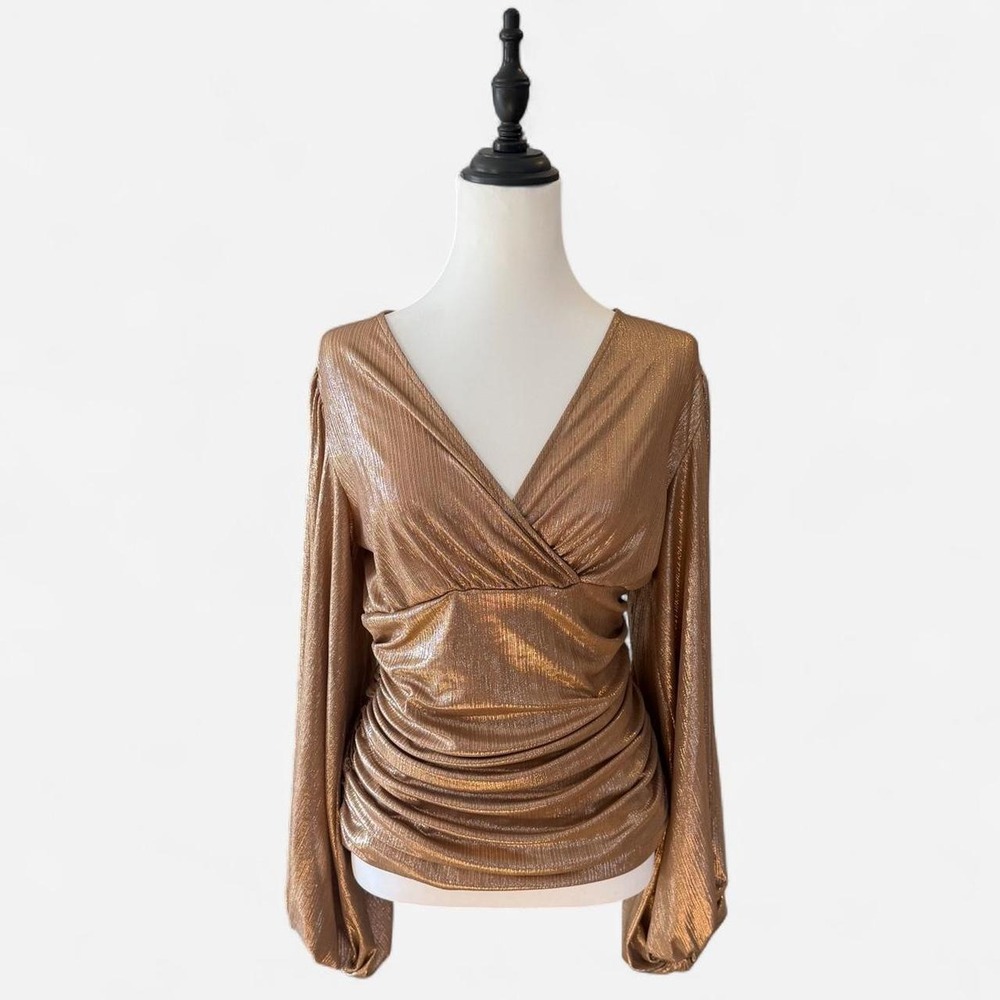 Express Metallic Gold Ruched Long Sleeve Faux Wrap Top Small 400528